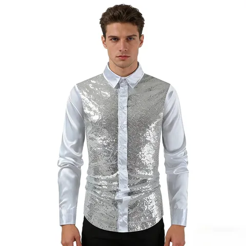Men Shiny Sequin Long Sleeve Shirt Slim Fit Nightclub Stage Performance Dance Costume Top Gold Silver Sequin Splicing Satin Shirt