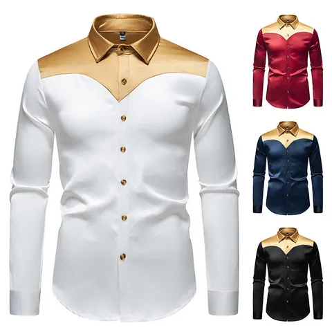 Camicia da Uomo in Raso Patchwork Manica Lunga Setosa Casual Blocchi di Colore Camicia alla Moda Lucida Party Top
