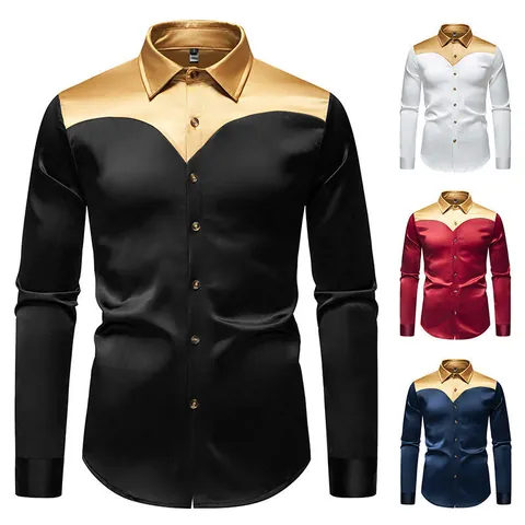 Camicia da Uomo in Raso Patchwork Manica Lunga Setosa Casual Blocchi di Colore Camicia alla Moda Lucida Party Top