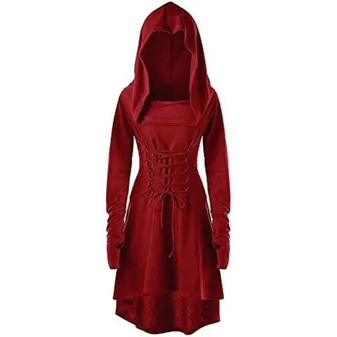 Vestido Gótico Medieval para Mujer Con Capucha Manga Larga Cordones Corsé Dobladillo Irregular Retro Color Sólido Disfraz de Fiesta de Halloween
