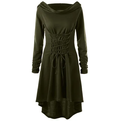 Vestido Gótico Medieval para Mujer Con Capucha Manga Larga Cordones Corsé Dobladillo Irregular Retro Color Sólido Disfraz de Fiesta de Halloween