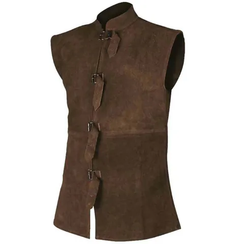 Men's Vintage Medieval Renaissance Suede Vest Stand Collar Metal Buckle Laced Up Waistcoat For Stage Performance