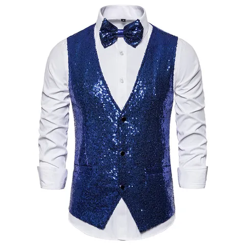 Gilet de Costume à Paillettes Slim Fit pour Hommes Brillant Col en V Simple Boutonnage Avec Nœud Papillon pour Spectacle Chanteur Fête