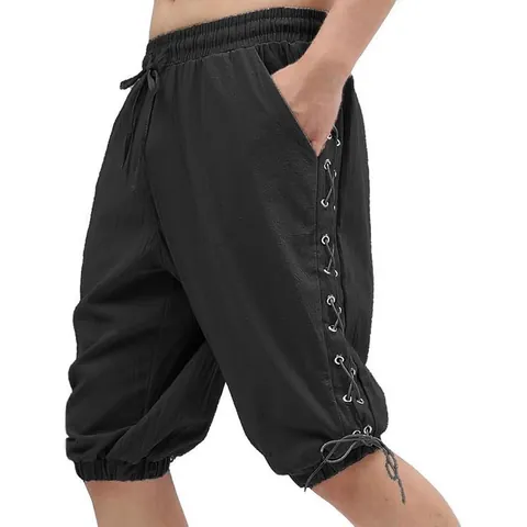 Men's Renaissance Viking Pirate Shorts Casual Loose Cotton Tapered Drawstring Halloween Cosplay Costume Pants