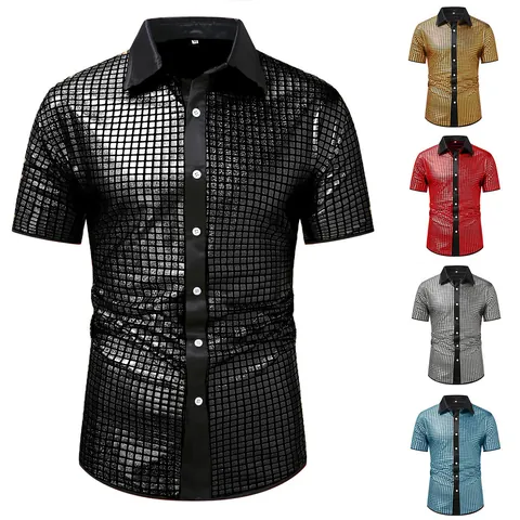 Men Shiny Metallic Grid Pattern Short Sleeve Shirt Embroidered Lapel Button Down Cosplay Costume Stage Performance Party Top