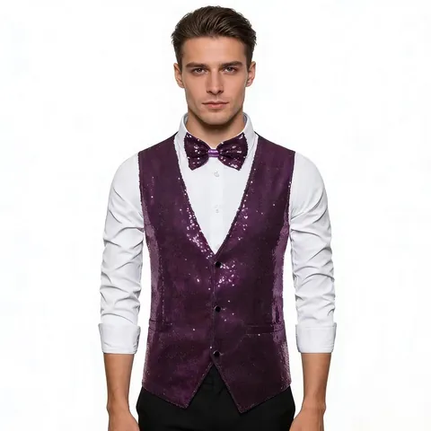 Men Sequin Vest And Bow Tie Sparkly V-Neck Single Breasted Waistcoat For Stage Performance Singer Host Party Wedding Performance Gear
