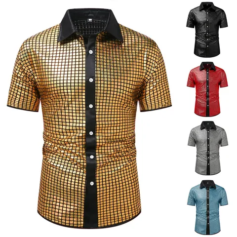 Men Shiny Metallic Grid Pattern Short Sleeve Shirt Embroidered Lapel Button Down Cosplay Costume Stage Performance Party Top