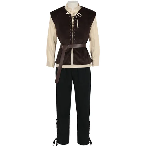 Women's Medieval Peasant Cosplay Costume Renaissance Retro Lacing Shirt Vest Pants Belt Colonial Peasant Outfit For Stage