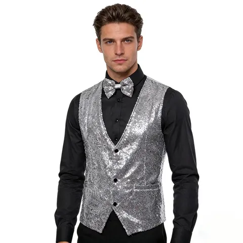 Men's Sparkly Sequin Vest And Bow Tie Set V-Neck Single-Breasted Shiny Waistcoat For Stage Performance Host Singer Party Costume