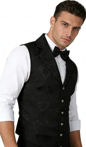 Men Vintage Medieval Gothic Waistcoat Jacquard Floral Formal Dress Vest With Bow Tie For Halloween Victorian Steampunk Party Clothing