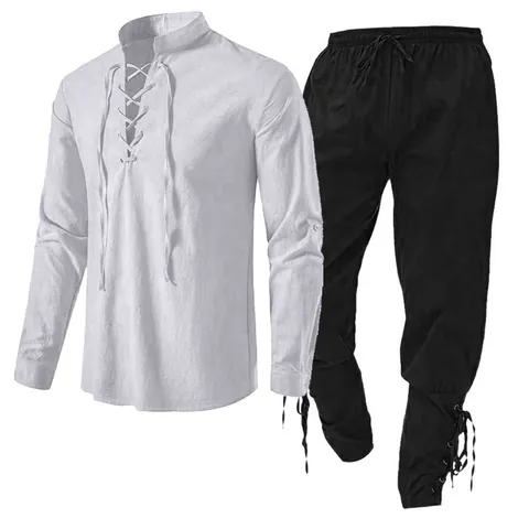 Herren Retro Baumwolle Leinen Henley Hemd Und Hose Top Und Bottom Casual Langarm Schnürung Strand Outfit Für Herren