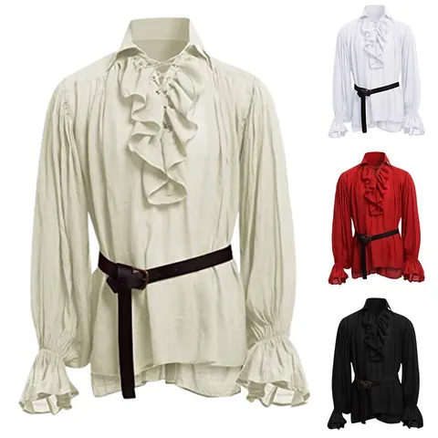 Camisa de Actuación Vintage Medieval para Hombre Mezcla de Algodón y Poliéster con Cordones y Volantes Top de Disfraz Retro
