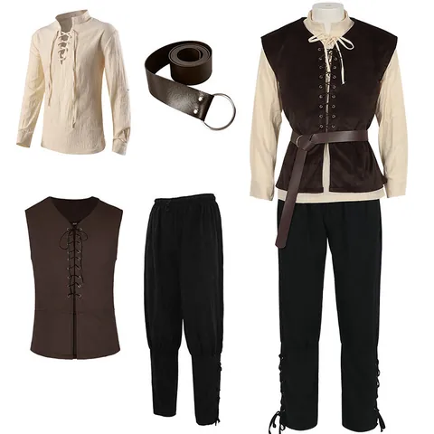 Women's Medieval Peasant Cosplay Costume Renaissance Retro Lacing Shirt Vest Pants Belt Colonial Peasant Outfit For Stage