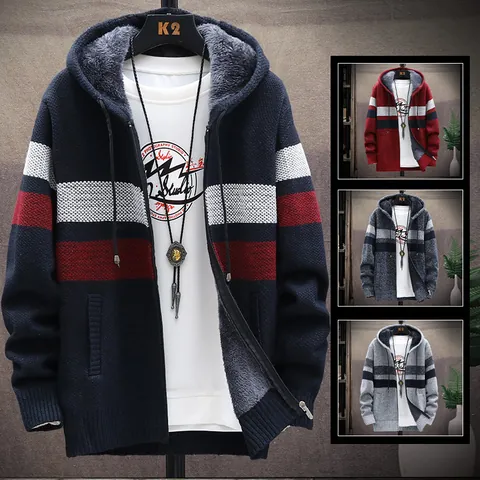 Men Hooded Knitted Cardigan Jacket Fleece Lined Thick Striped Zipper Sweater Coat Casual Outerwear Warm Autumn Winter Clothes