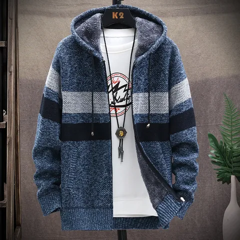 Men Hooded Knitted Cardigan Jacket Fleece Lined Thick Striped Zipper Sweater Coat Casual Outerwear Warm Autumn Winter Clothes