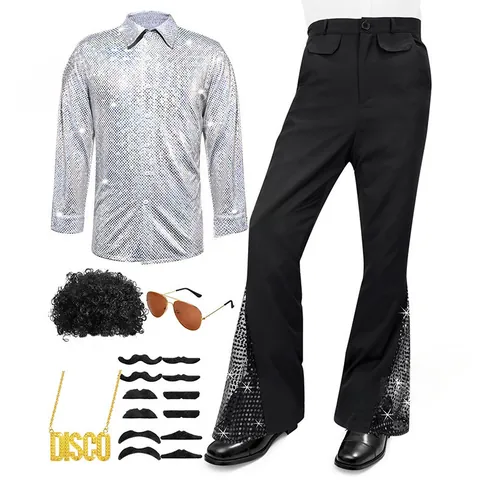 Men Retro Disco Party Stage Performance Costume Sequin Long Sleeve Top And Flared Pants Set Vintage Outfit