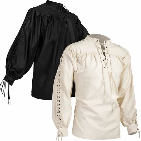 Herren Mittelalter Renaissance Hemd Gotik Wikinger Krieger Hemd Vintage Bandage Schnürung Leinenmischung Langarm Retro Top