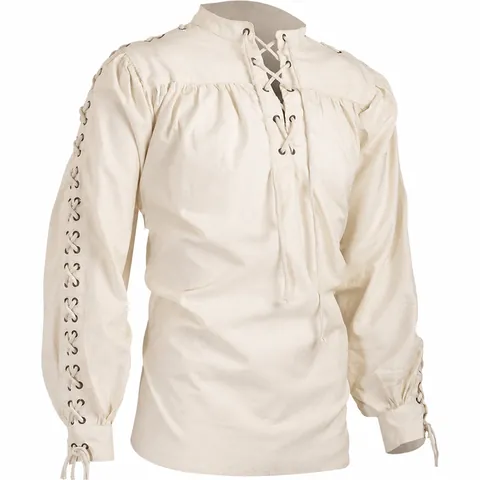 Herren Mittelalter Renaissance Hemd Gotik Wikinger Krieger Hemd Vintage Bandage Schnürung Leinenmischung Langarm Retro Top