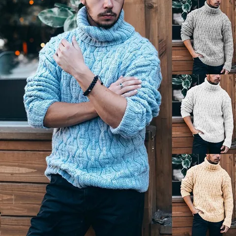 Men's High Neck Cable Knit Sweater Fall Winter Warm Diamond Pattern Turtleneck Wool Blend Chunky Pullover Top