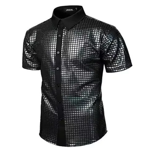 Men Vintage Disco Sequin Shirt Shiny Button Down Top For Seventies Party Dance Club Stage Performance Costume Men Clothes