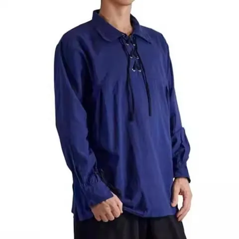 Camicia Vintage da Uomo con Lacci Manica Lunga Revers Cotone Casual Comoda Blusa Stile Rinascimentale Medievale Top Moda