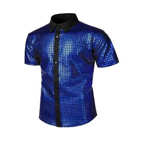 Men Vintage Disco Sequin Shirt Shiny Button Down Top For Seventies Party Dance Club Stage Performance Costume Men Clothes