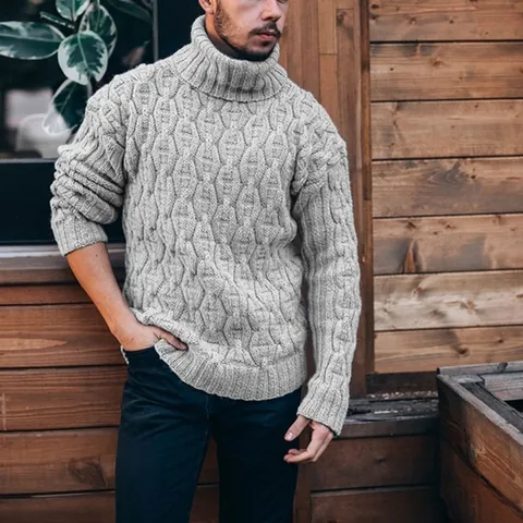 Men's High Neck Cable Knit Sweater Fall Winter Warm Diamond Pattern Turtleneck Wool Blend Chunky Pullover Top
