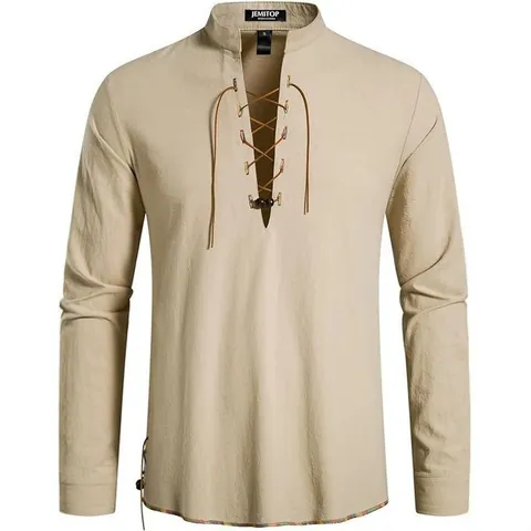 Heren Retro Hippie Strandoverhemd Lange Mouw Opstaande Kraag Vetersluiting Henley Overhemd Vintage Etnisch Casual Top