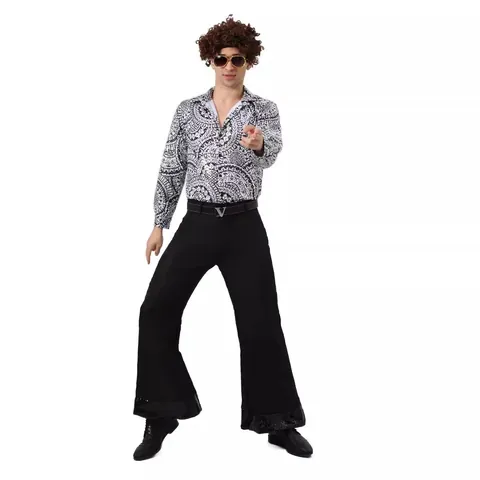 70s Retro Disco Men Performance Costume Set Paisley Print Long Sleeve Shirt And Sequin Bell Bottom Pants Vintage Party Outfit