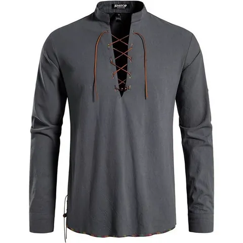 Heren Retro Hippie Strandoverhemd Lange Mouw Opstaande Kraag Vetersluiting Henley Overhemd Vintage Etnisch Casual Top