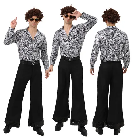 70s Retro Disco Men Performance Costume Set Paisley Print Long Sleeve Shirt And Sequin Bell Bottom Pants Vintage Party Outfit