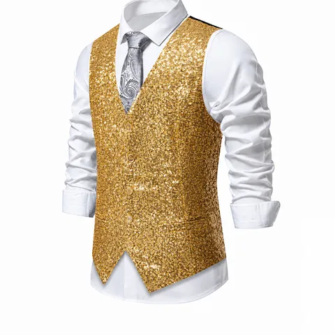 Men's Shiny Sequin Vest Slim Fit V-Neck Single Breasted Waistcoat For Stage Performance Nightclub Host Party Costume Polyester Sequin Waistcoat