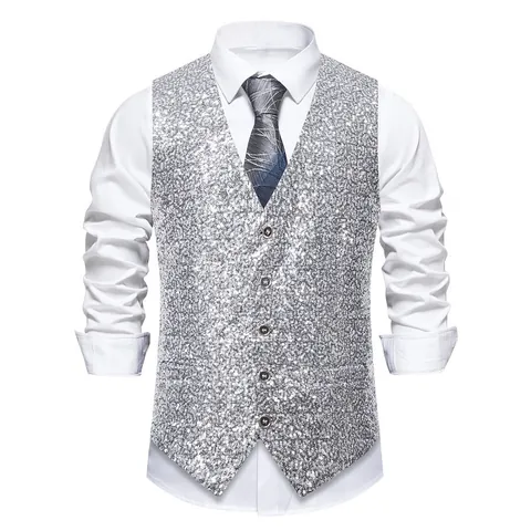 Men's Shiny Sequin Vest Slim Fit V-Neck Single Breasted Waistcoat For Stage Performance Nightclub Host Party Costume Polyester Sequin Waistcoat