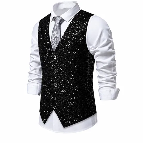 Herren Shiny Pailletten Weste Slim Fit V-Ausschnitt Einreihig Weste Für Bühnenaufführung Nachtclub Host Party Kostüm Polyester Pailletten Weste