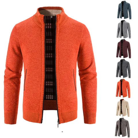 Herren Herbst Winter Strickjacke Jacke Stehkragen Reißverschluss Pullover Top Fleece Gefüttert Dick Baumwollmischung Meliert Mode