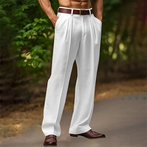 Men's Casual Linen Cotton Blend Straight Leg Pants Loose Fit Double Pleated Outdoor Breathable Fashion Trousers Bottoms