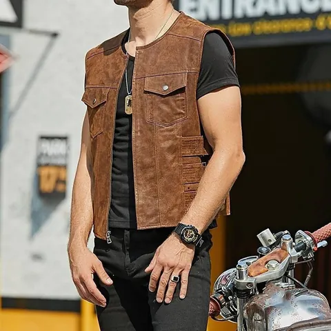 Men's Vintage Biker Style Acetate Fiber Slim Fit Single Breasted Leather Look Padded Vest Multi Pocket Casual Moto Waistcoat Top