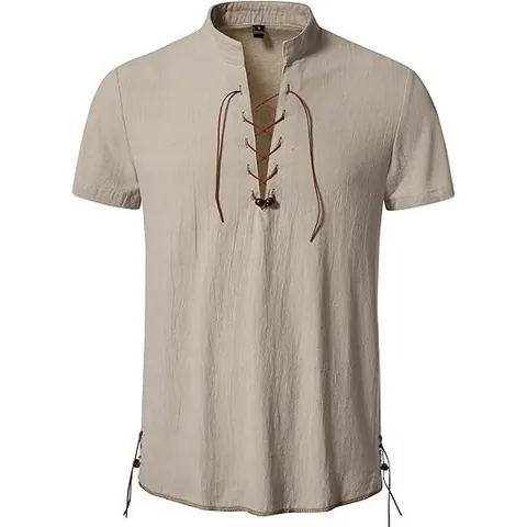 Camisa Henley Casual Hippie de Playa para Hombre Cuello Alto con Cordones Manga Corta Top Color Sólido Poliéster Estilo Retro