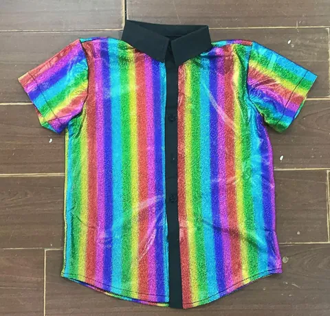Kids Sequin Party Performance Shirt Boys Girls Short Sleeve Lapel Button-Down Sequined Disco Stage Costume Top