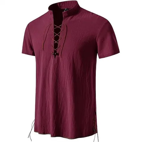 Camisa Henley Casual Hippie de Playa para Hombre Cuello Alto con Cordones Manga Corta Top Color Sólido Poliéster Estilo Retro