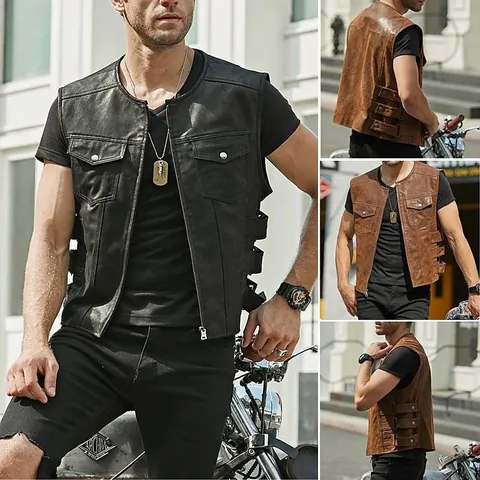 Men's Vintage Biker Style Acetate Fiber Slim Fit Single Breasted Leather Look Padded Vest Multi Pocket Casual Moto Waistcoat Top