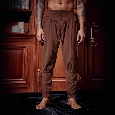 Pantaloni da Pirata Medievale da Uomo Rinascimentale Vichingo con Lacci alla Caviglia in Misto Lino per Cosplay di Halloween
