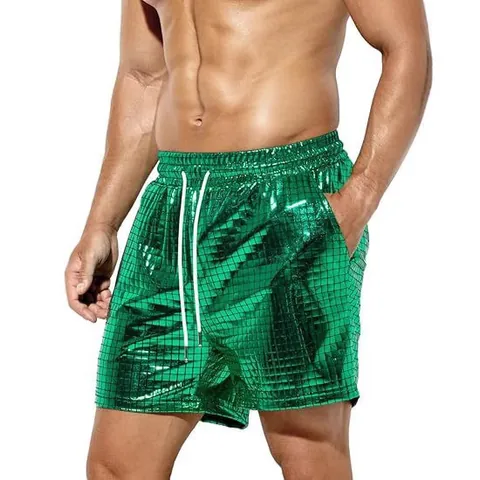 Men's Metallic Shiny Plaid Shorts Casual Glossy Grid Beach Pants With Drawstring Elastic Waist Bottoms For Summer Fashion