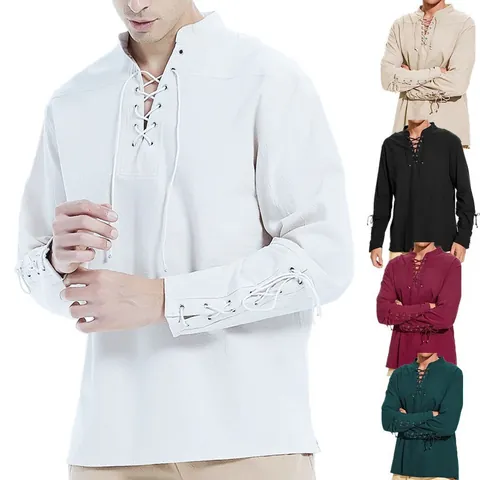 Chemise en Coton Rétro à Lacets avec Col en V Profond pour Hommes Style Pirate Médiéval Vintage Haut Ample à Manches Longues Décontracté Couleur Unie