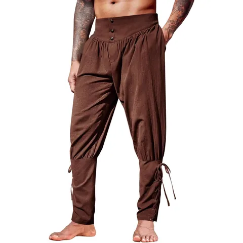 Pantaloni da Uomo Medievali Vichinghi Pirata Vintage in Misto Cotone Stringati con Polsini alla Caviglia Pantaloni Casual Renaissance