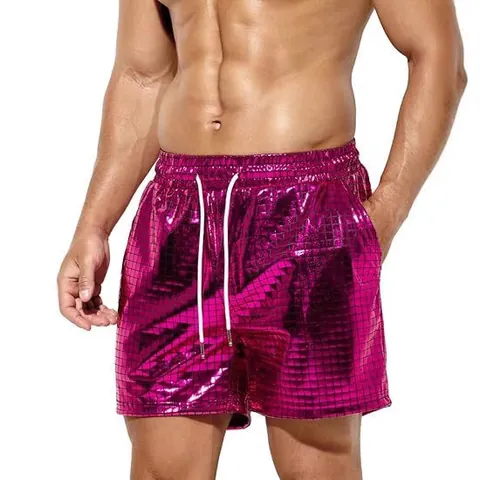Men's Metallic Shiny Plaid Shorts Casual Glossy Grid Beach Pants With Drawstring Elastic Waist Bottoms For Summer Fashion