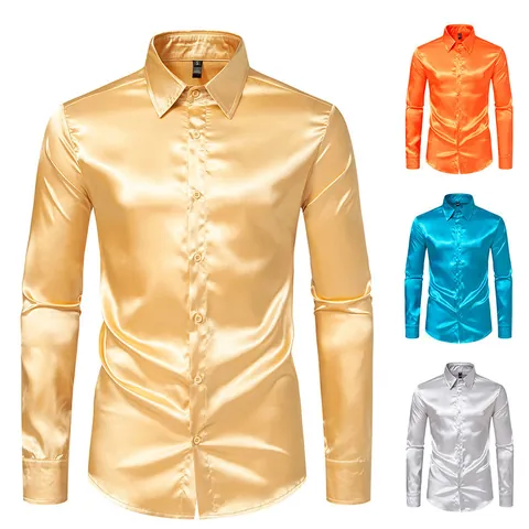 Camisa de Manga Larga de Satén Brillante para Hombre Color Sólido Estilo de Discoteca Moda Urbana Top de Solapa Casual