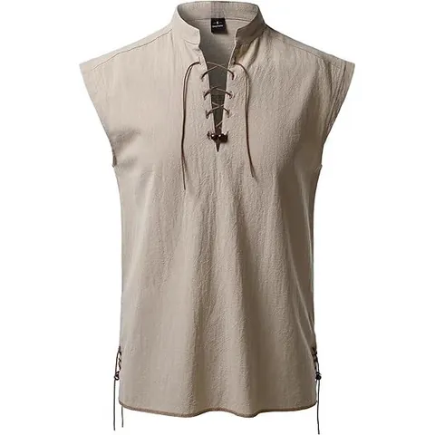 Men's Sleeveless Henley Shirt Retro Hippie Stand Collar Lace Up Cotton Linen Blend Beach Casual Top Solid Color Tank