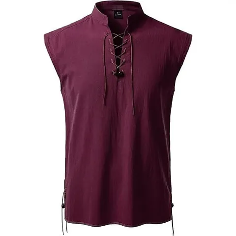 Men's Sleeveless Henley Shirt Retro Hippie Stand Collar Lace Up Cotton Linen Blend Beach Casual Top Solid Color Tank