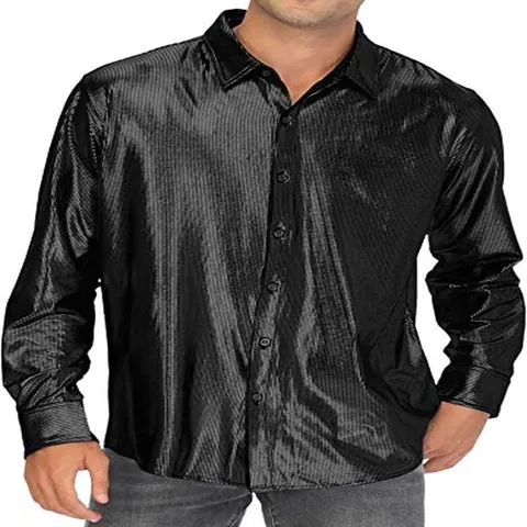 Herren Glänzendes Metallic Langarm Hemd Pailletten Button Down Hemd Für Cosplay Bühne Performance Disco Party Revers Top